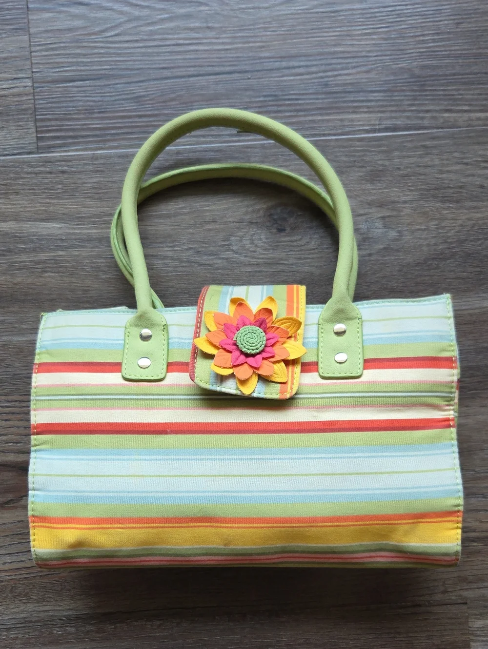 Vintage Longaberger Sisters Striped Floral Accent Purse Green Blue